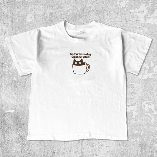 Slow Sunday Coffee Club unisex graphic t-shirt. Vintage trending meme tee. Funny and unique graphic tees. Slow Sunday Coffee Club graphi tee White 1