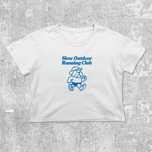 Slow Outdoor Running Club graphic crop tee with cute and trendy fit, featuring playful vintage graphic, stylish cut. White crop t-shirt
