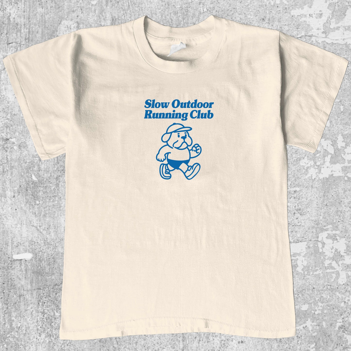 Slow Outdoor Running Club graphic tee with bold and humorous print, funny and trendy graphic. Perfect for Christmas gifts for friends and family. Cream shirt.