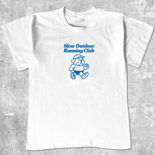 Slow Outdoor Running Club graphic tee with bold and humorous print, funny and trendy graphic. Perfect for Christmas gifts for friends and family. White shirt.